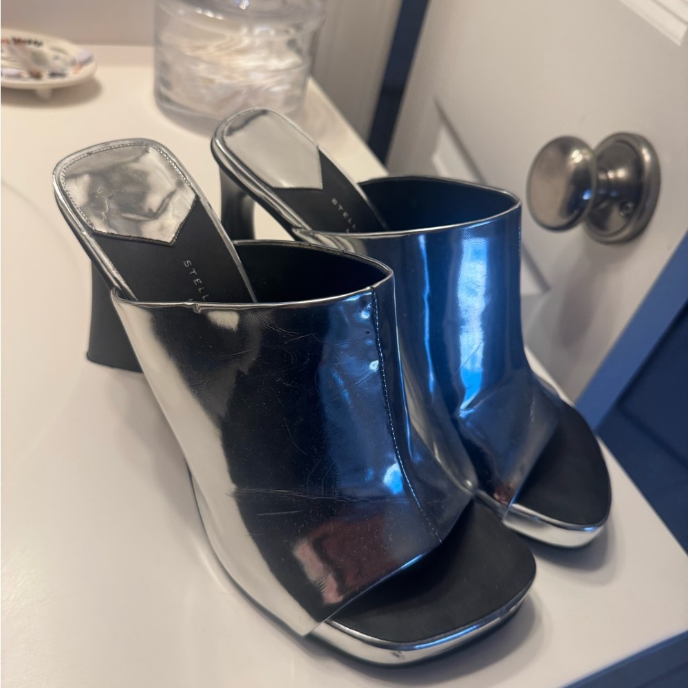 Stella McCartney Metallic Silver Open-Toe Mule Heels